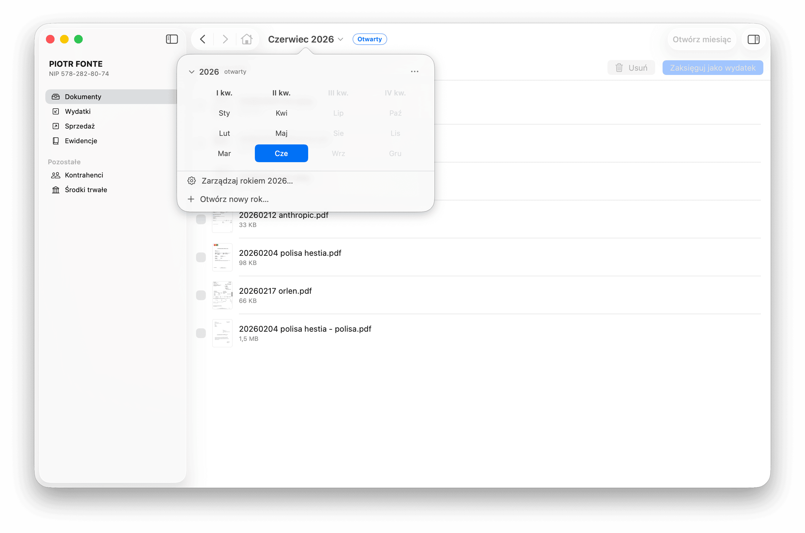 Ekran Dokumenty w aplikacji Księgowa: lista zaimportowanych faktur PDF z otwartym wyborem okresu księgowego (czerwiec 2026).